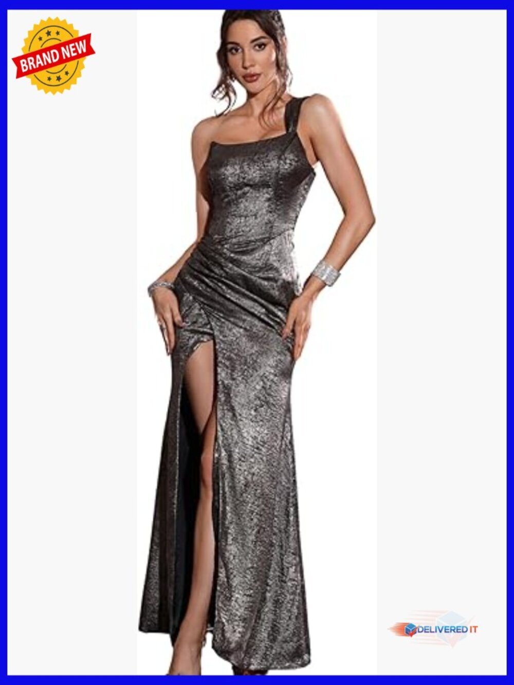 Metallic One Shoulder Backless Wrap Bodycon Maxi Dress Formal Occasion